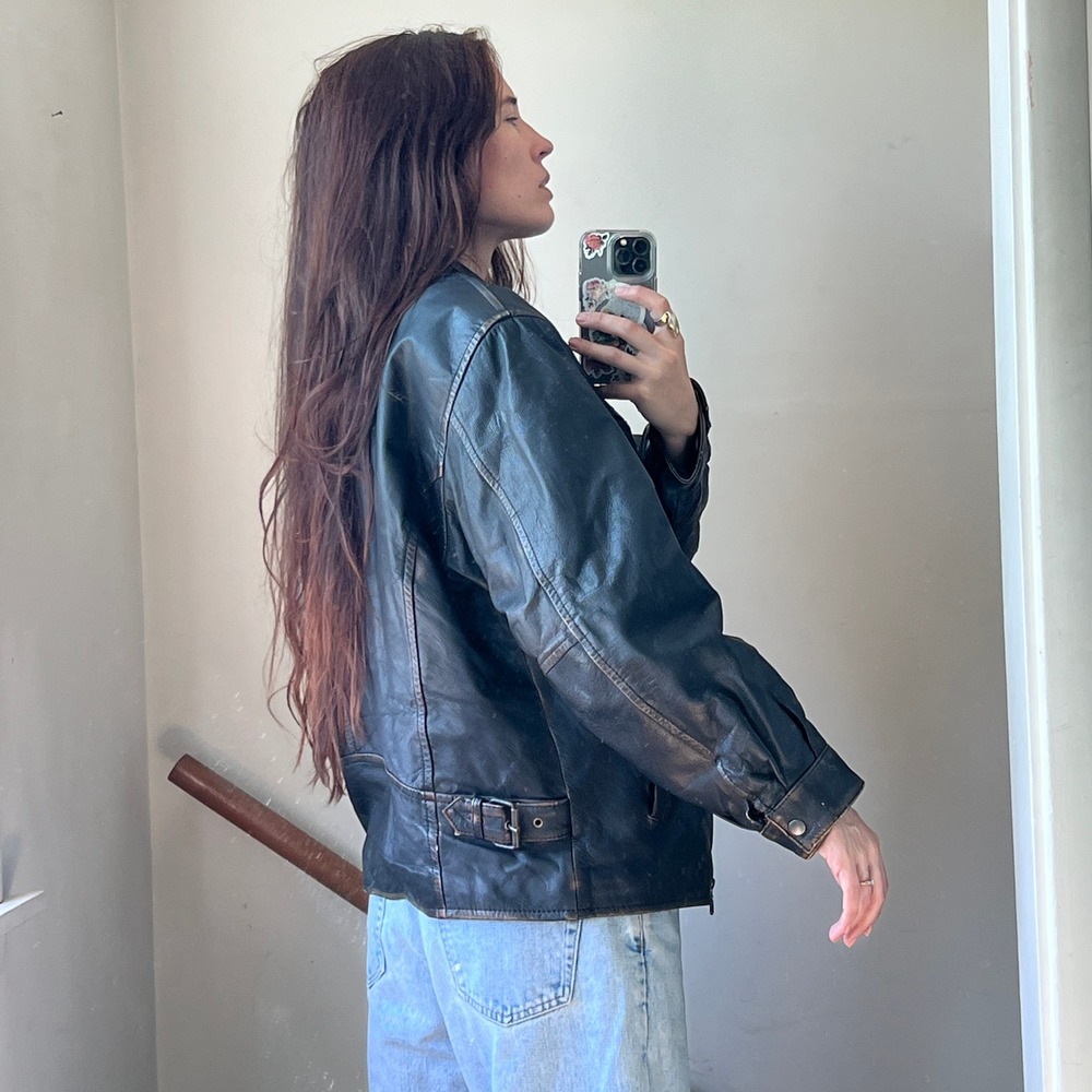 Vintage 90s Leather Bomber Jacket Brown Distressed Biker Moto Zip Coat Oversized